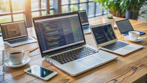 Modern laptop and multiple screens displaying code and design elements for a mobile application, surrounded by empty coffee cups and scattered notes on a cluttered desk.