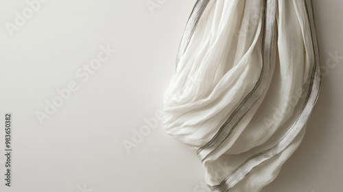 A traditional white cotton dhoti with silver borders, displayed against a plain white wall, no logos.