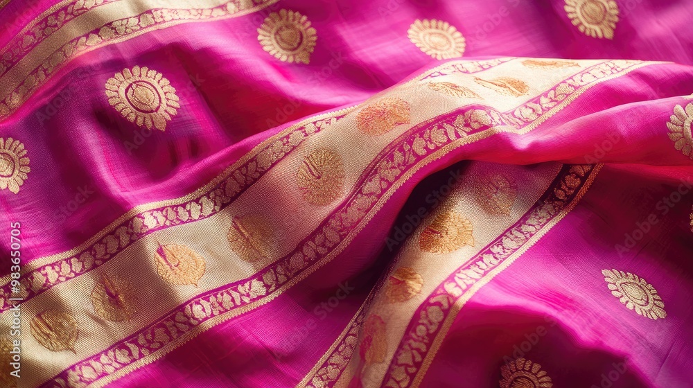 Obraz premium Bright magenta silk sari with gold zari work, cascading beautifully on a simple plain white background.