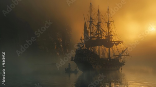 Wallpaper Mural Silhouette of a Ship in a Foggy Sunset Torontodigital.ca