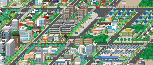 都市景観の立体イラスト.  建物のベクターイラスト.