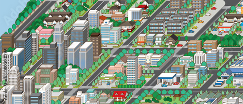 都市景観の立体イラスト.  建物のベクターイラスト.