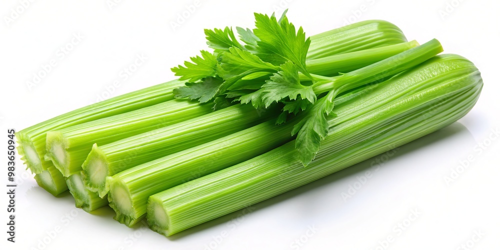 Crisp celery rib displayed on a white background, showcasing a healthy, organic snack. This nutrient-dense green Crisp celery rib displayed on a white background, showcasing a healthy, organic snack. This nutrient-dense green