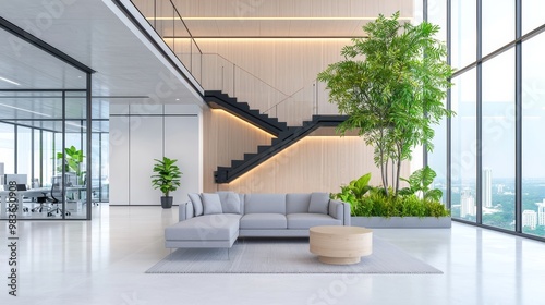 Modern Office Lobby with Greenery and Stylish Furniture