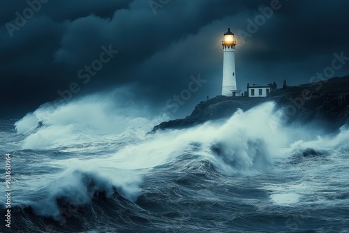 A lighthouse is on a rocky shoreline, with the waves crashing in the background photo