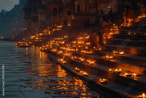 A group of people are lighting candles on the steps of a river