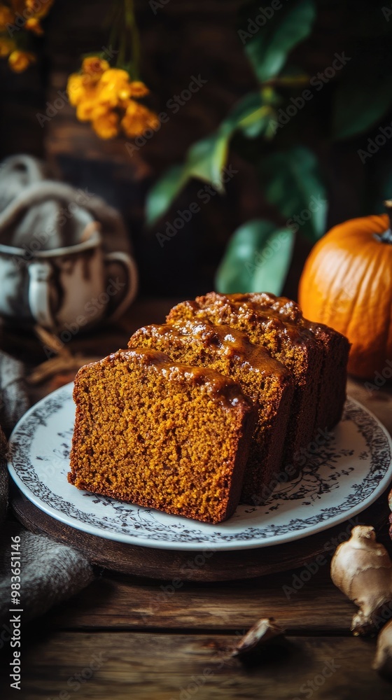 Fototapeta premium vertical format, Delicious pumpkin bread sliced and displayed on a decorative plate surrounded by autumn foliage and warm kitchen decor
