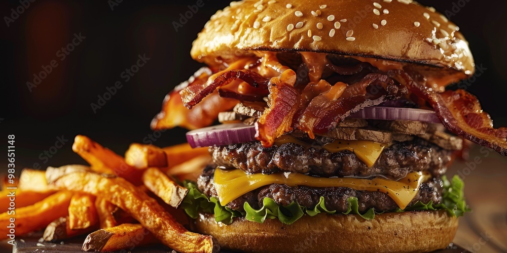 Double Bacon Cheeseburger with Sweet Potato Fries Double Bacon Cheeseburger with Sweet Potato Fries