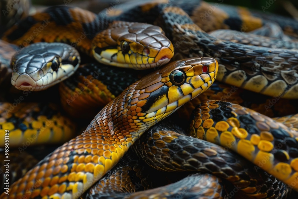 Snakes in a mysterious encounter within the wild, intertwined among each other in nature Snakes in a mysterious encounter within the wild, intertwined among each other in nature