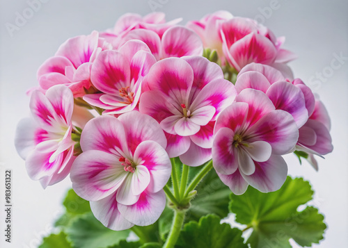 Delicate pink and white geranium flowers with intricate petals and green leaves are artfully arranged against a pristine white background, exuding elegance and serenity. photo