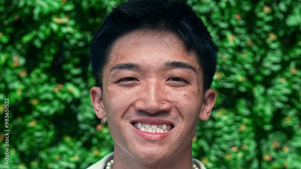 Attractive Portrait of Happy Asian Man Looking at Camera and Smiling on Plants Background. Close Up View on Young Face of Alone Trendy Person Outdoors. Cute Thai Boy at Summer Vacation in City Nature Attractive Portrait of Happy Asian Man Looking at Camera and Smiling on Plants Background. Close Up View on Young Face of Alone Trendy Person Outdoors. Cute Thai Boy at Summer Vacation in City Nature