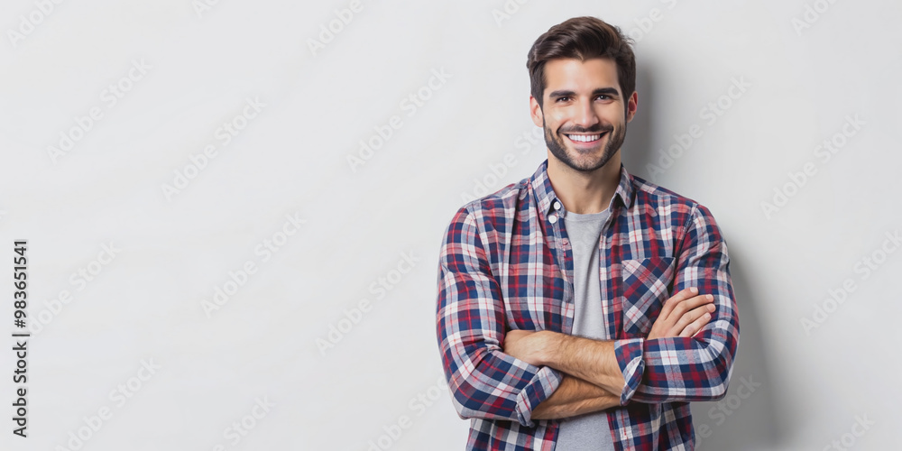 Confident young man with a bright smile, dressed casually, stands with crossed arms, exuding positivity and good attitude against a plain white studio background. Confident young man with a bright smile, dressed casually, stands with crossed arms, exuding positivity and good attitude against a plain white studio background.
