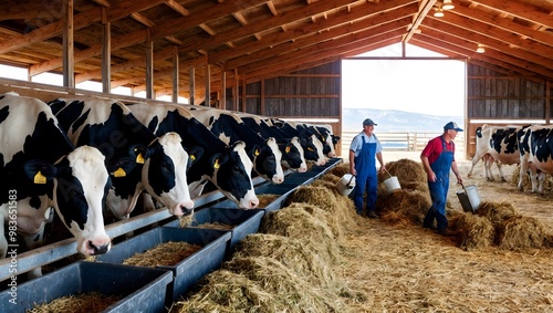 Black and white dairy cows eating hay peeking through stall fence against of farmer with metal can on livestock farm. Ai Generative.