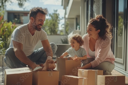 A family of three, a man, a woman and a child, are sitting on the ground