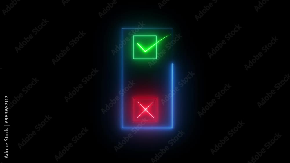 glowing neon check mark icon animation. ok , done, Neon cross mark, x symbol Wrong, error concept with glowing, neon light completed check mark glowing neon check mark icon animation. ok , done, Neon cross mark, x symbol Wrong, error concept with glowing, neon light completed check mark