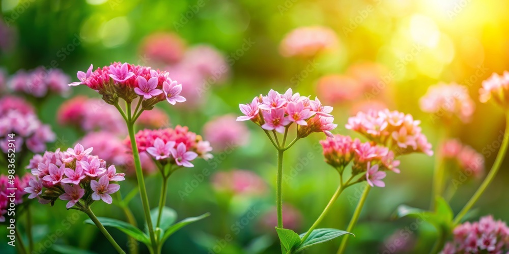 Graceful tiny pink flowers flourish across a vivid green garden, bathed in the warm embrace of bright natural Graceful tiny pink flowers flourish across a vivid green garden, bathed in the warm embrace of bright natural