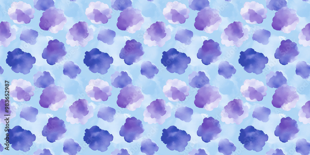 a seamless deep purple cloud pattern on a baby blue background, in a watercolor, hand-drawn style a seamless deep purple cloud pattern on a baby blue background, in a watercolor, hand-drawn style