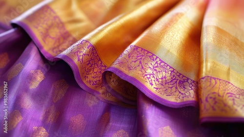 Close-up of a traditional Kanchipuram silk sari in vibrant purple and gold, displayed on a plain white background.