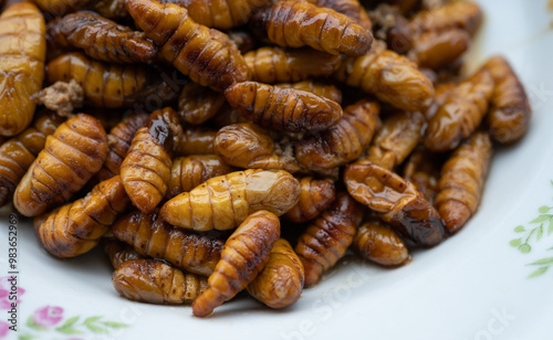 Fried silkworm pupae serving on dish.