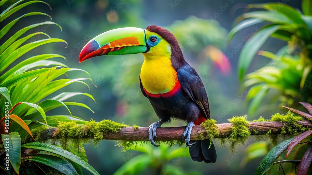 Naklejka premium In a lush tropical rainforest, a striking Keel-Billed Toucan perches delicately on a branch, its vivid colors shining