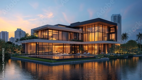 Modern waterfront house at sunset with large glass windows.