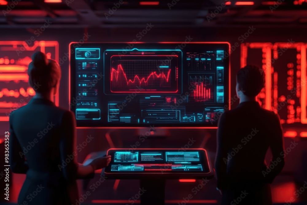 A futuristic control room with two figures analyzing digital data displayed on vibrant screens illuminated in red and blue. A futuristic control room with two figures analyzing digital data displayed on vibrant screens illuminated in red and blue.