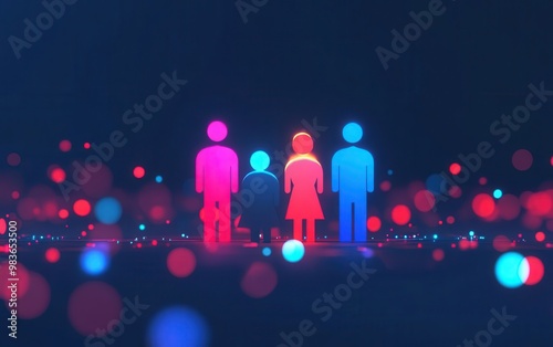 A colorful digital illustration featuring four stylized human figures against a dark backdrop, surrounded by glowing particles in vibrant colors. photo