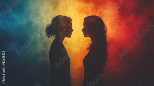 Two women stand facing each other in a smoky, colorful setting.