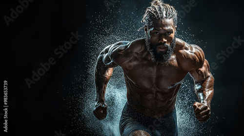 Muscular man sprinting with water droplets in the air.