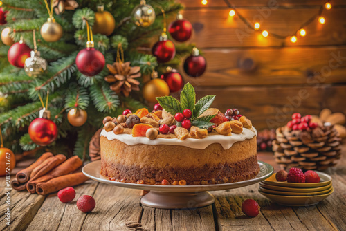 Festive Christmas scene featuring a beautifully decorated cake with rum nuts and fruits on a wooden table, surrounded by a decorated Christmas tree background.