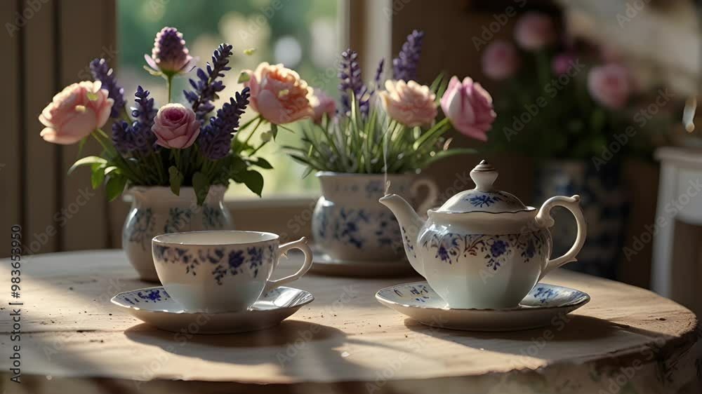 Some cups and vases of flowers on the table. Seamless 4K looping timelapse video animation background Some cups and vases of flowers on the table. Seamless 4K looping timelapse video animation background