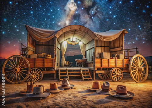 Rustic ranch stables and vintage wagons surround an empty stage at a country music festival, adorned with cowboy hats and boots under a starry night sky. photo