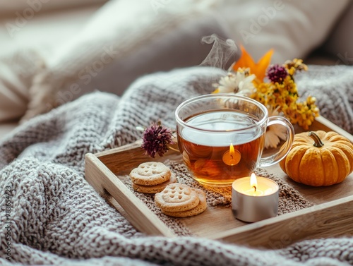 Cup of hot tea served on a wooden tray with candle, flowers, pumpkins and biscuits on a woolen blanket at the couch - ai