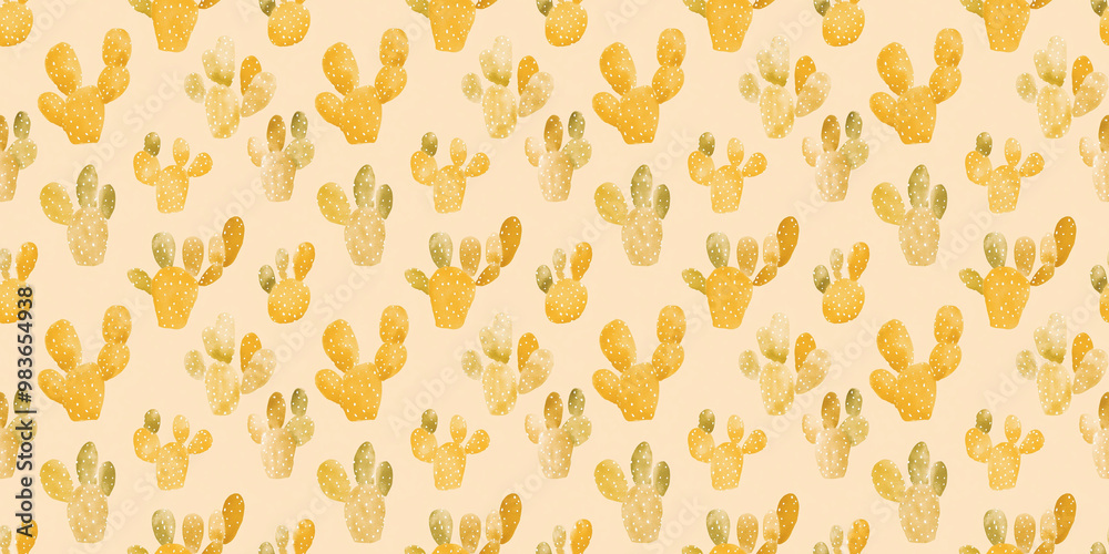 a seamless mustard yellow cactus pattern on a pale peach background, in a watercolor, hand-drawn style a seamless mustard yellow cactus pattern on a pale peach background, in a watercolor, hand-drawn style