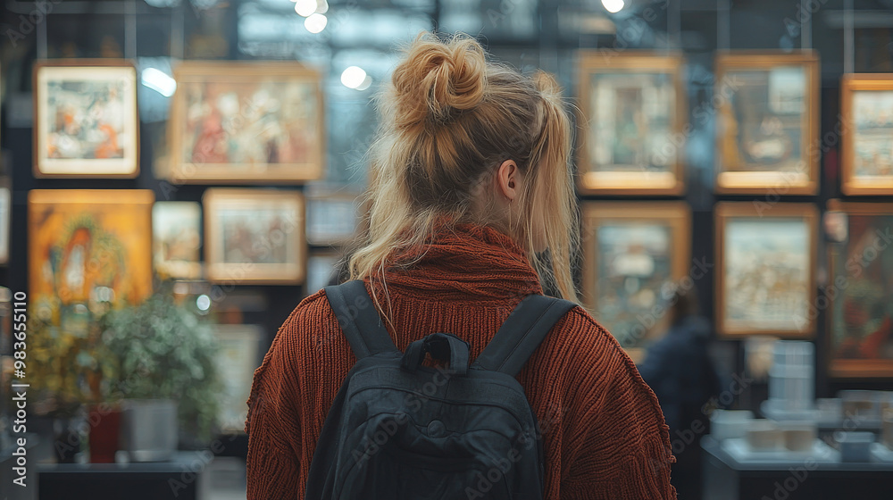Obraz premium Young woman admires paintings in an art gallery.