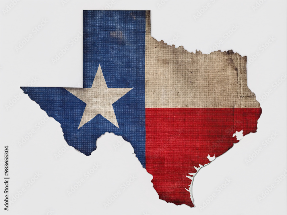 Obraz premium Vibrant Texas flag waving fabric texture overlays the Lone Star State's map outline, creating a patriotic and rustic visual effect on a crisp white background.