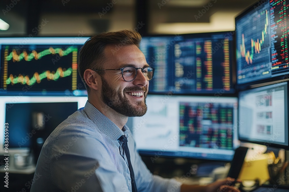 Realistic office scene with financial professionals smiling at booming stock market data on screens, investment boom, economic success Realistic office scene with financial professionals smiling at booming stock market data on screens, investment boom, economic success