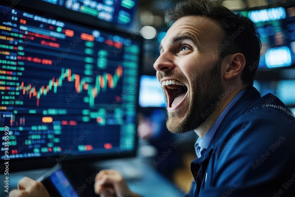 Realistic stock trader excitedly watching soaring financial charts, busy trading floor, investment boom, financial rise Realistic stock trader excitedly watching soaring financial charts, busy trading floor, investment boom, financial rise