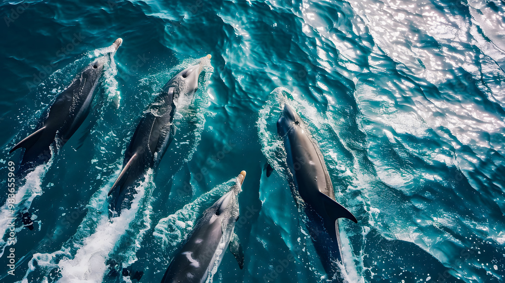 Fototapeta premium Aerial view Group of dolphins swimming in the ocean with crashing waves, symbolizing the beauty of marine life. Protect animals and the ocean environment. Background marine life