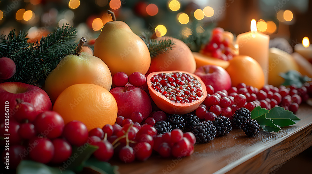 A festive table arrangement of fresh fruit, including apples, pears, oranges, grapes, and pomegranates. Candles glow in the background. A festive table arrangement of fresh fruit, including apples, pears, oranges, grapes, and pomegranates. Candles glow in the background.