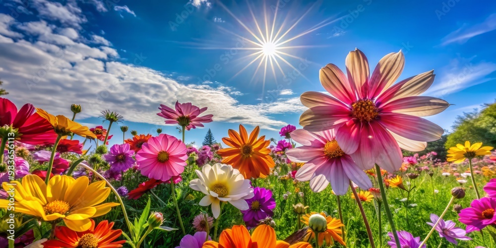 Stunning Vibrant Flowers Blooming in a Lush Natural Landscape Under Bright Blue Sky and Sunshine Stunning Vibrant Flowers Blooming in a Lush Natural Landscape Under Bright Blue Sky and Sunshine
