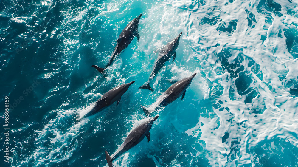 Obraz premium Aerial view Group of dolphins swimming in the ocean with crashing waves, symbolizing the beauty of marine life. Protect animals and the ocean environment. Background marine life