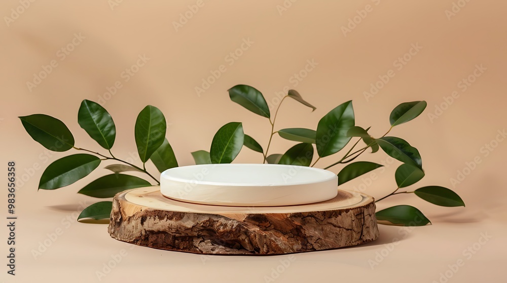 Natural Product Display with Wooden Platform and Green Leaves Natural Product Display with Wooden Platform and Green Leaves
