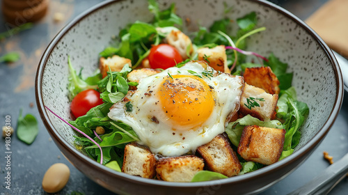 A bowl with salad lyonnaise served for lunch photo