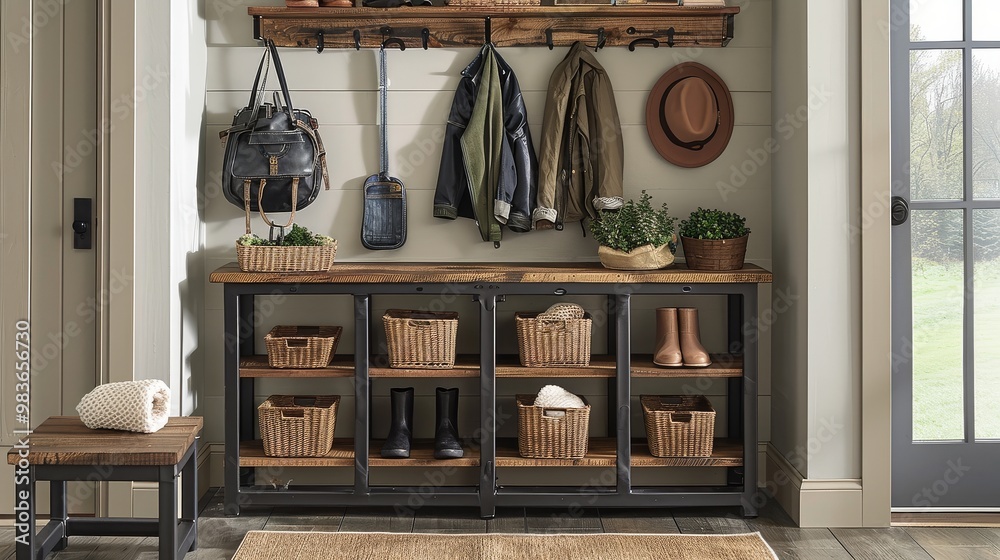 Modern hall tree with coat rack and shoe storage, featuring a rustic wood top shelf on a metal frame in neutral colors with green accents. Modern hall tree with coat rack and shoe storage, featuring a rustic wood top shelf on a metal frame in neutral colors with green accents.
