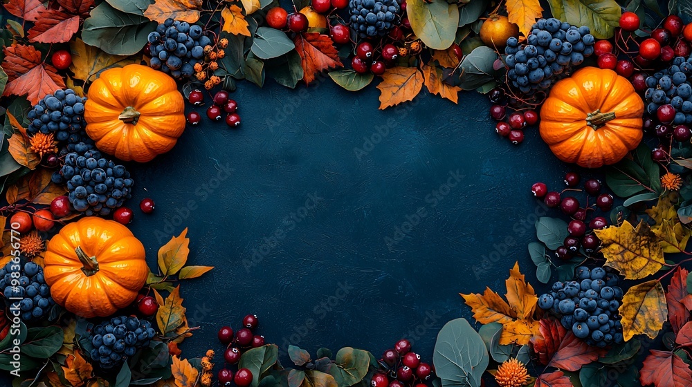 A cozy autumn display of bright orange pumpkins and assorted berries, perfect for Thanksgiving décor and Halloween celebrations, with copy space for text. A cozy autumn display of bright orange pumpkins and assorted berries, perfect for Thanksgiving décor and Halloween celebrations, with copy space for text.