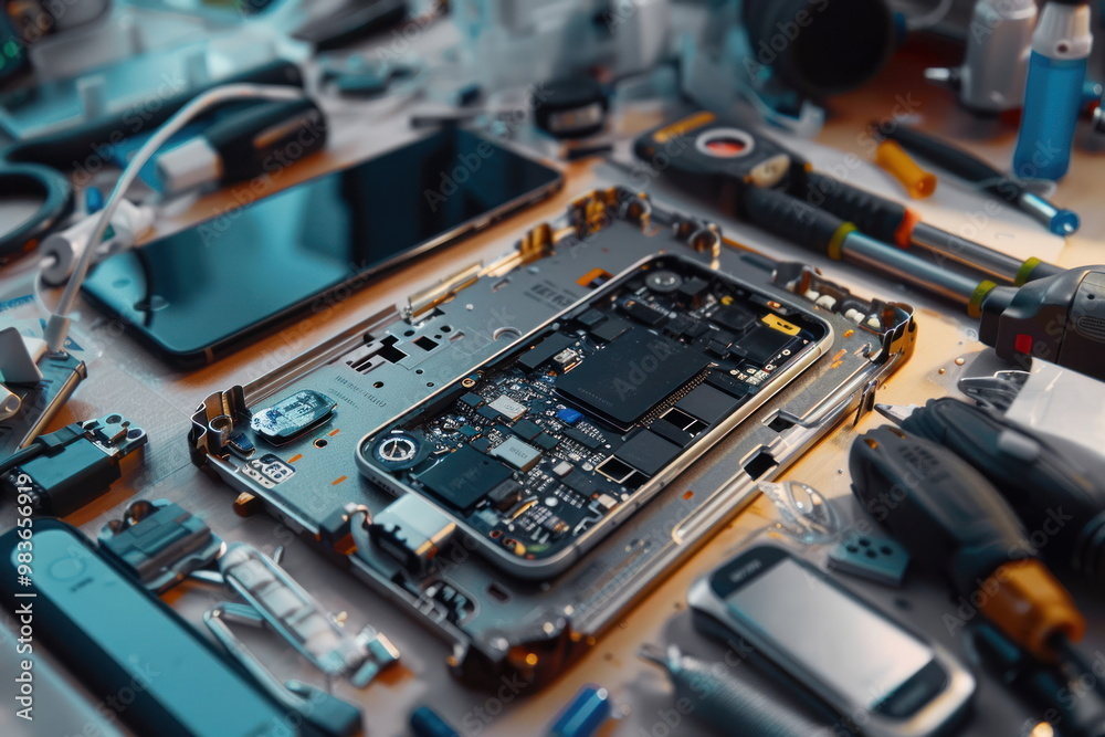 Technician repair smartphone on desk, components broken, clipping path Technician repair smartphone on desk, components broken, clipping path