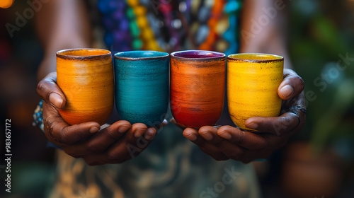 Close-up of hands holding four colorful ceramic cups.  Artisan craft, pottery, and traditional hand-made items. photo