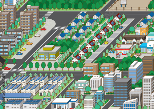 都市景観の立体イラスト.  建物のベクターイラスト.