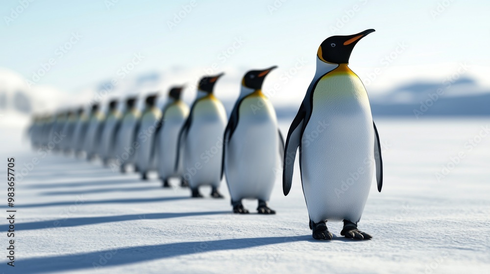 Fototapeta premium 3D illustration of a group of penguins waddling on icy terrain in a zoo habitat
